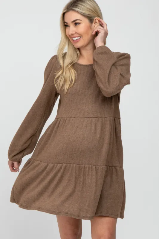 Mocha Brushed Knit Tiered Maternity Dress sold by Pinkblush