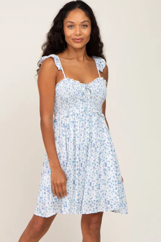 Blue Floral Smocked Ruffle Strap Mini Dress sold by Pinkblush