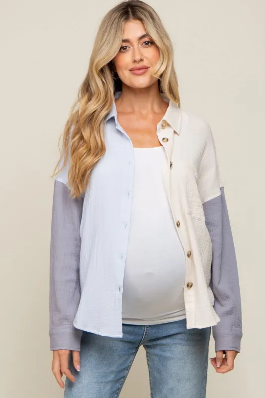 Blue Color Blocked Button Front Gauze Maternity Top sold by Pinkblush