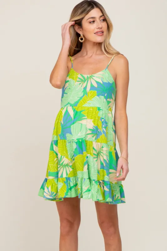 Lime Green Leaf Print Tiered Maternity Midi Dress sold by Pinkblush