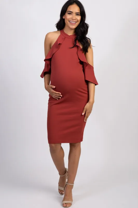 PinkBlush Rust Mock Neck Ruffle Trim Fitted Maternity Dress sold by Pinkblush