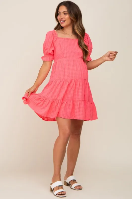 Coral Plaid Square Ruffle Neck Tiered Maternity Dress sold by Pinkblush