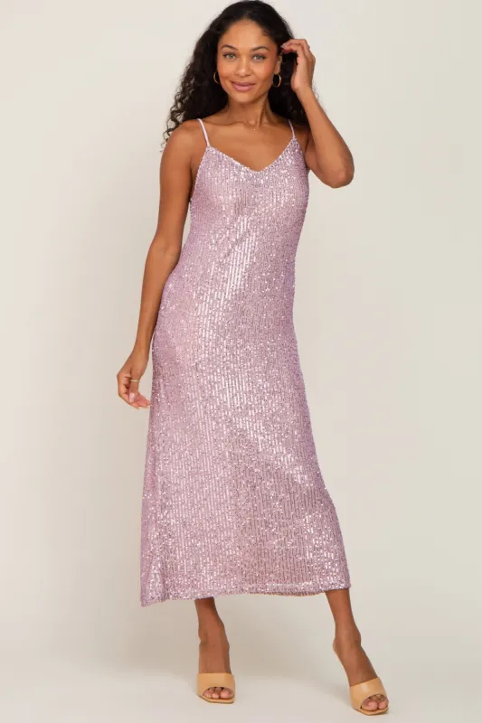 Pink V-Neck Sequin Midi Dress sold by Pinkblush