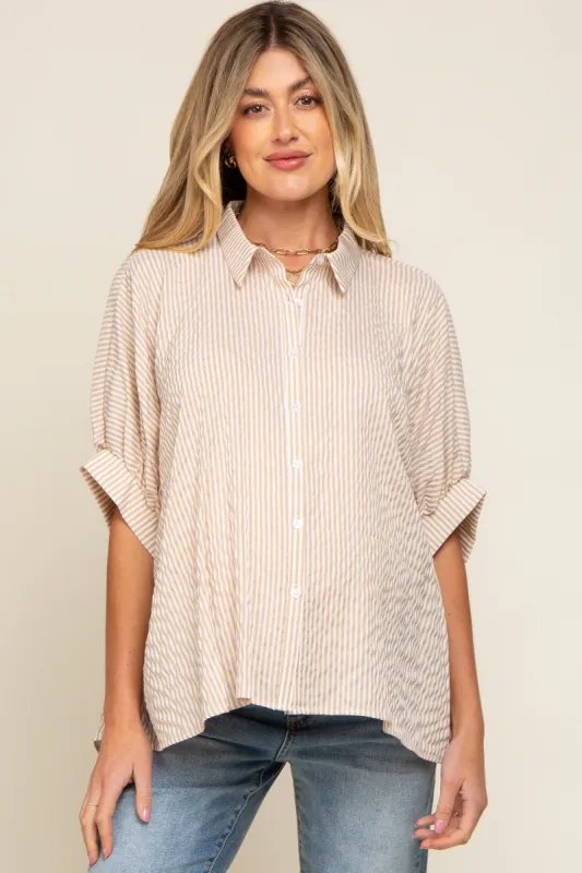 Beige Striped Dolman Button Down Maternity Top sold by Pinkblush