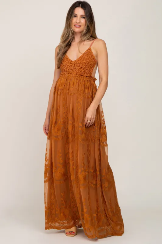 Camel Crochet Lace Open Back Maternity Maxi Dress sold by Pinkblush