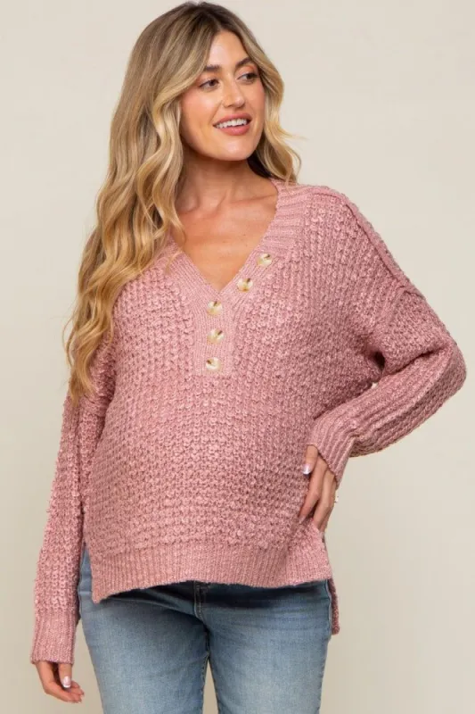 Mauve Chunky Knit Button V-Neck Maternity Sweater sold by Pinkblush