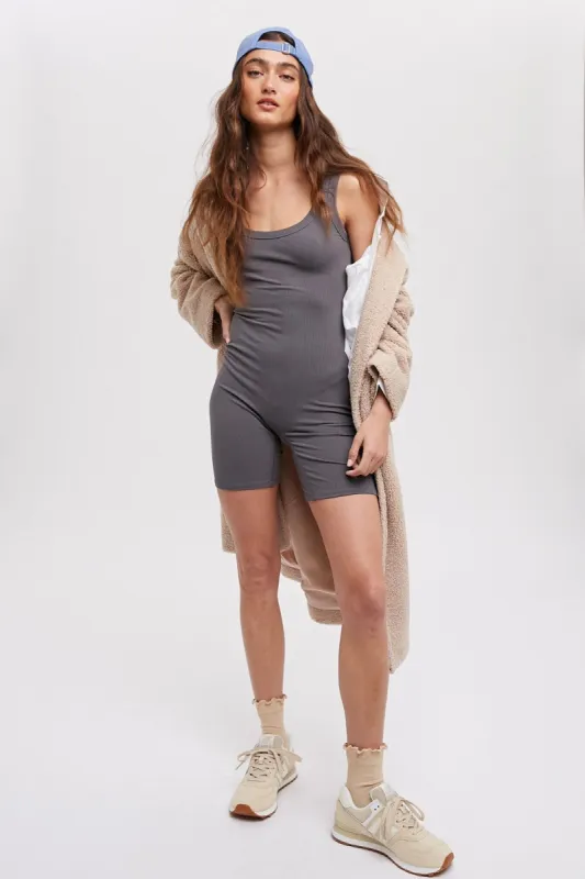 Grey Sleeveless Ribbed Biker Short Romper sold by Pinkblush
