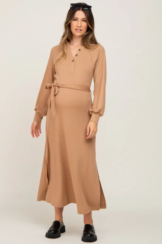 Taupe Button Accent Collared Maternity Maxi Dress sold by Pinkblush
