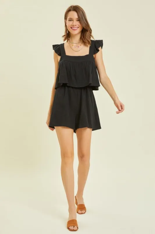 Black Gauze Square Neck Romper With Mini Ruffles sold by Pinkblush