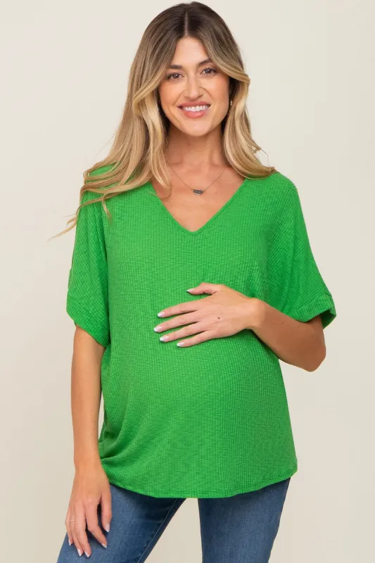 Green Rib Knit V-Neck Maternity Top sold by Pinkblush
