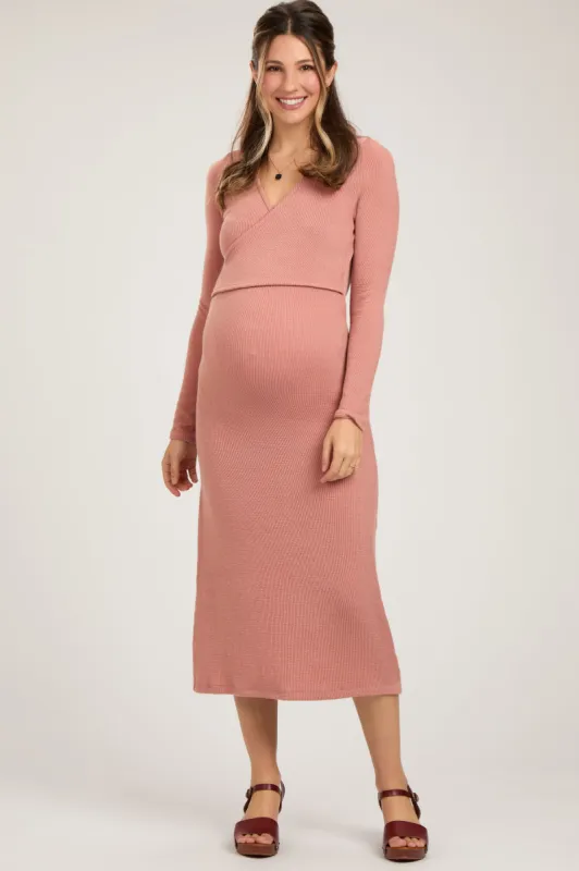 Rust Ribbed Long Sleeve Maternity Wrap Nursing Dress sold by Pinkblush