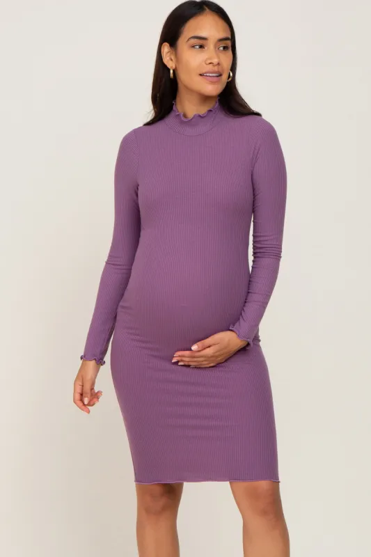 Purple Ribbed Mock Neck Maternity Dress sold by Pinkblush
