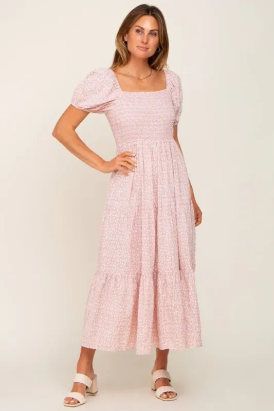 Light Pink Floral Smocked Square Neck Midi Dress sold by Pinkblush