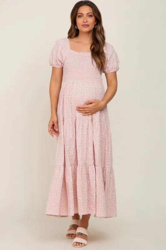 Light Pink Floral Smocked Square Neck Maternity Midi Dress sold by Pinkblush