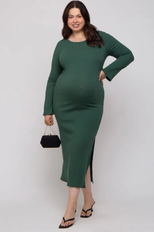Forest Green Ribbed Side Slit Maternity Plus Maxi Dress sold by Pinkblush