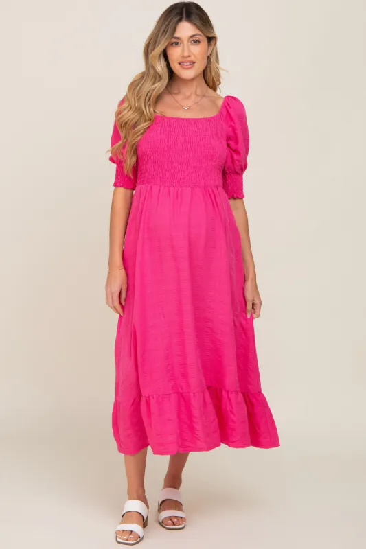 Fuchsia Square Neck Smocked Short Sleeve Maternity Midi Dress sold by Pinkblush