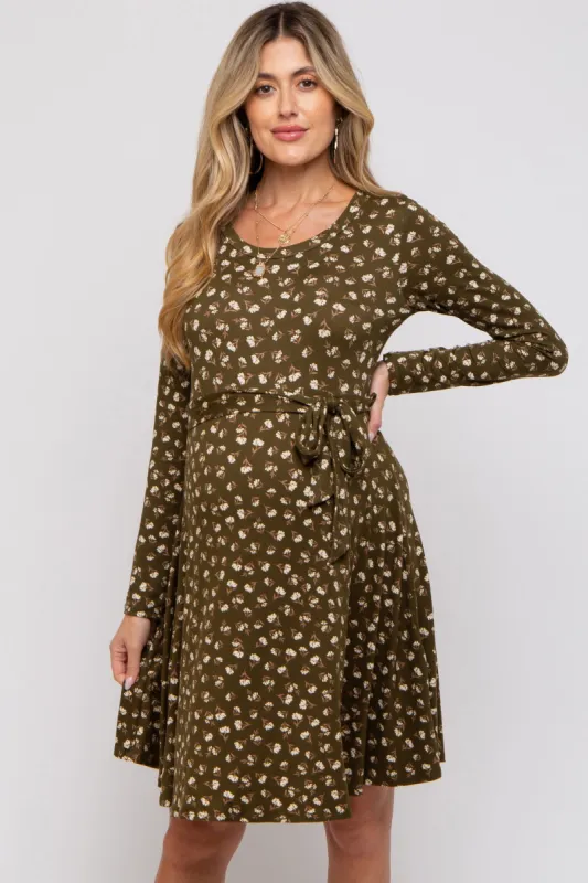 Olive Floral Soft Knit Long Sleeve Maternity Dress sold by Pinkblush