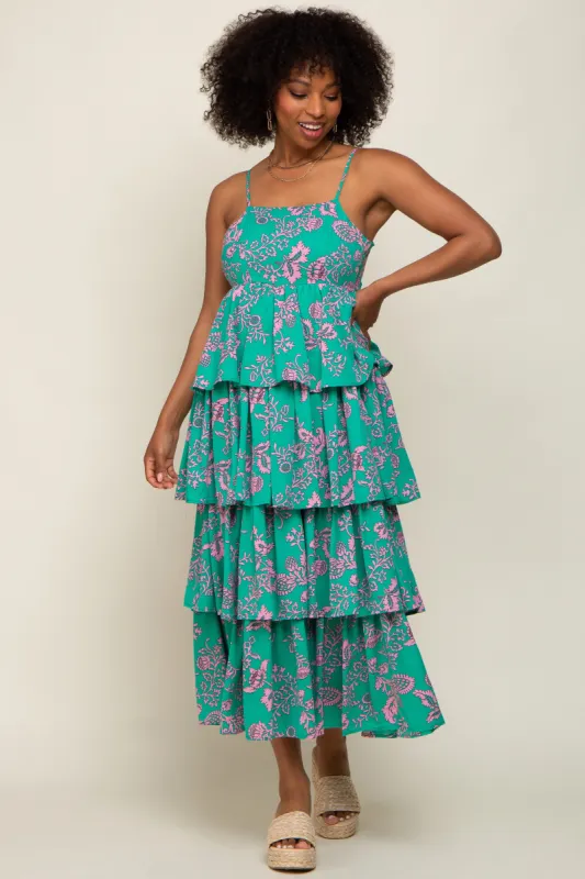 Green Floral Ruffle Tiered Maxi Dress sold by Pinkblush