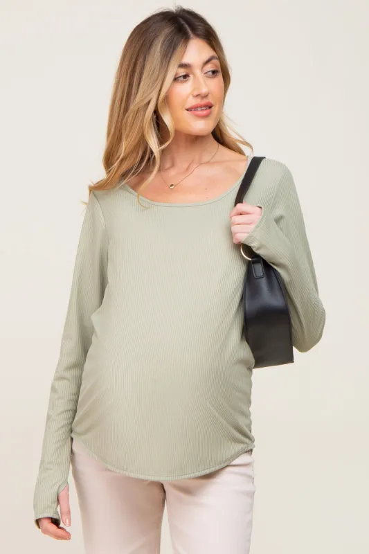 Light Olive Ribbed Round Hem Maternity Top sold by Pinkblush