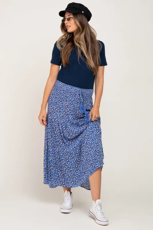 Blue Floral Tiered Front Tie Maternity Midi Skirt sold by Pinkblush