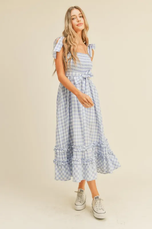 Baby Blue Smocked Bodice Ruffled Hem Midi Dress sold by Pinkblush