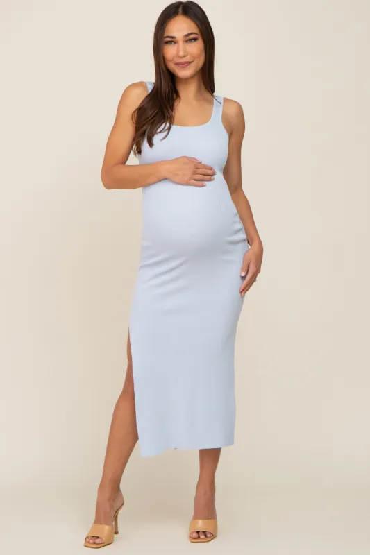 Light Blue Knit Square Neck Cutout Knot Back Maternity Midi Dress sold by Pinkblush