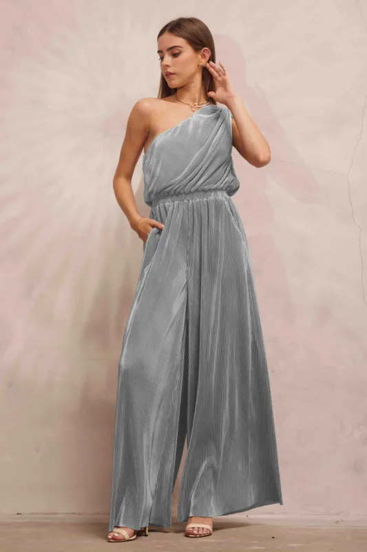 Stone Blue Asymmetric Pleated Jumpsuit made by Endless Blu