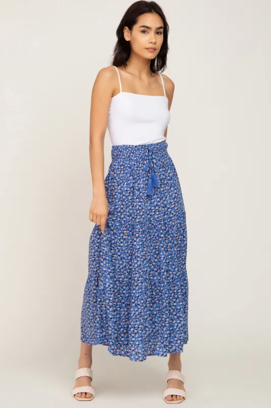 Blue Floral Tiered Front Tie Midi Skirt sold by Pinkblush