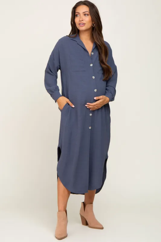 Blue Grey Button Down Front Pocket Maternity Midi Dress sold by Pinkblush