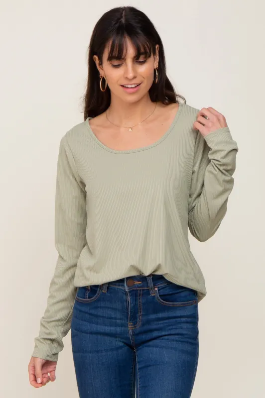 Light Olive Ribbed Round Hem Top sold by Pinkblush