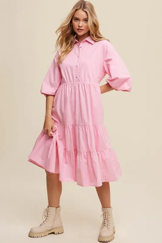 Pink Button Front Tiered Babydoll Poplin Midi Dress sold by Pinkblush