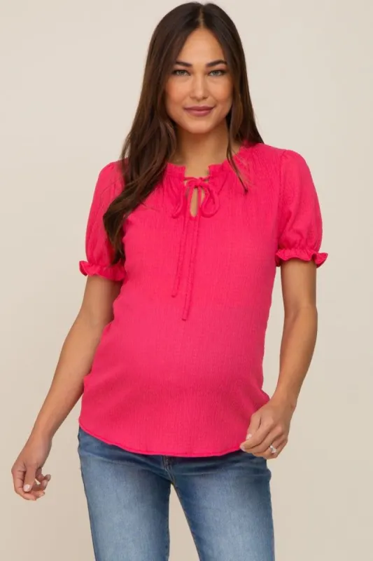 Fuchsia Ruffle Accent Tie Front Maternity Blouse sold by Pinkblush