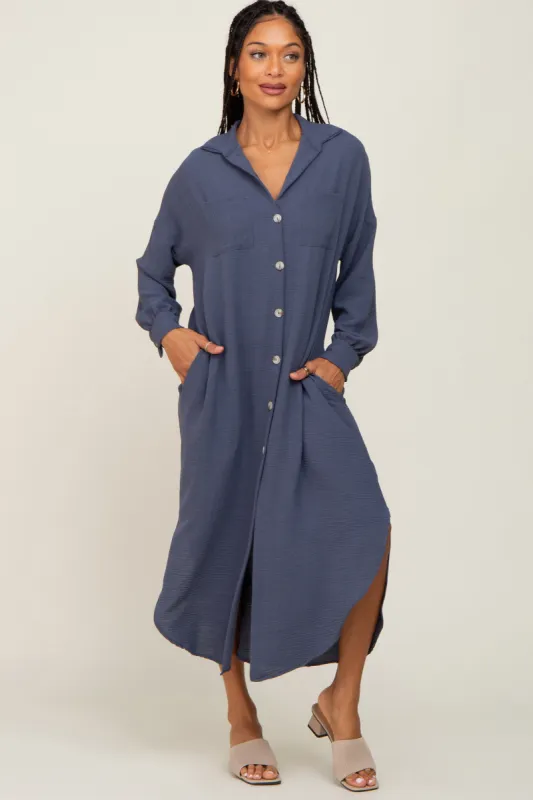 Blue Grey Button Down Front Pocket Midi Dress sold by Pinkblush