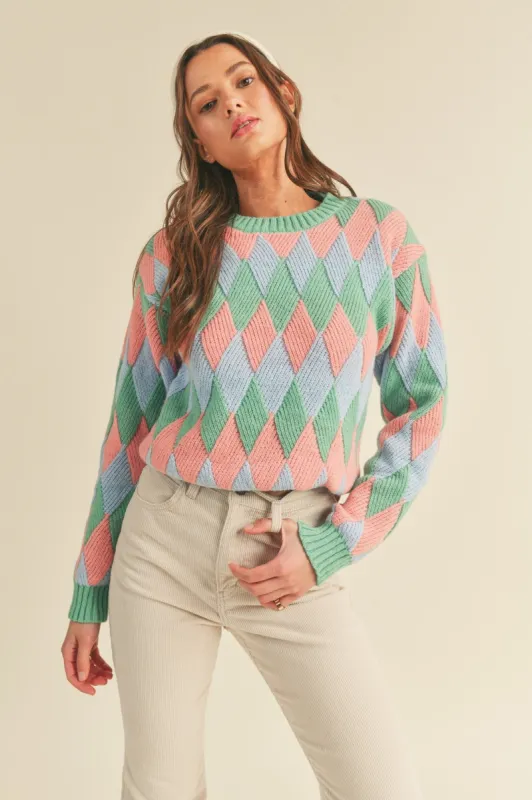 Green Blush Multi-Color Diamond Knit Sweater sold by Pinkblush
