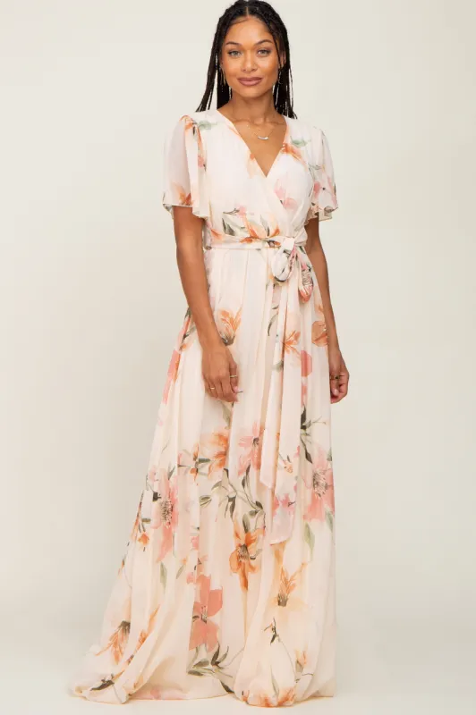Cream Floral Chiffon Wrap Front Short Sleeve Maxi Dress sold by Pinkblush