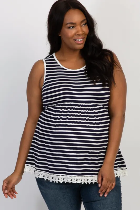 Navy Blue Striped Crochet Trim Plus Maternity Tank Top sold by Pinkblush