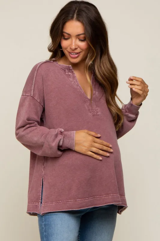 Burgundy Mineral Washed Terry Knit Maternity Top sold by Pinkblush