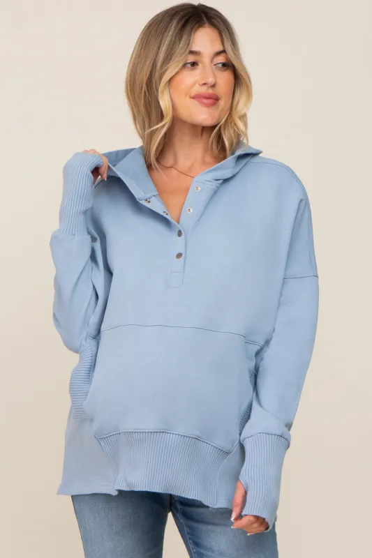 Light Blue Button Front Ribbed Trim Maternity Hooded Sweatshirt sold by Pinkblush