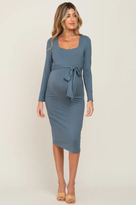 Blue Basic Square Neck Maternity Midi Dress sold by Pinkblush