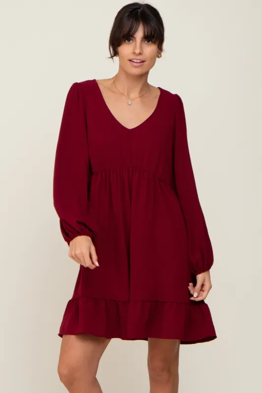Burgundy Long Sleeve Gathered Tier Dress sold by Pinkblush