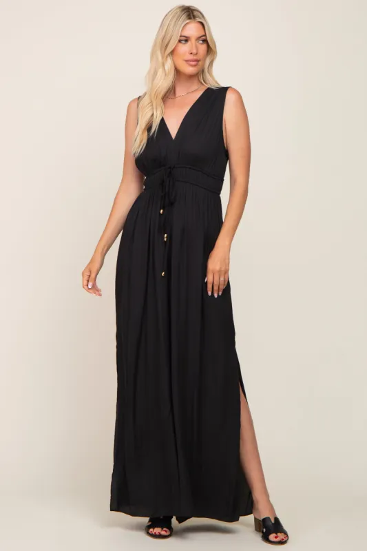 Black Satin V-Neck Side Slit Jumpsuit sold by Pinkblush
