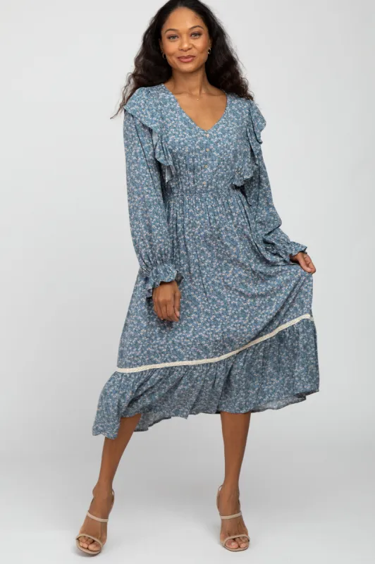 Blue Floral Ruffle Lace Accent Midi Dress sold by Pinkblush