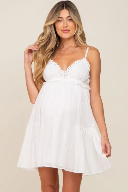 White Crochet Ruffle Maternity Dress sold by Pinkblush