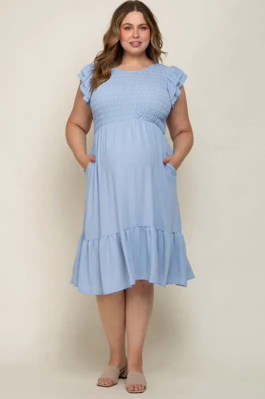 Light Blue Smocked Layered Ruffle Flutter Sleeve Maternity Plus Midi Dress sold by Pinkblush
