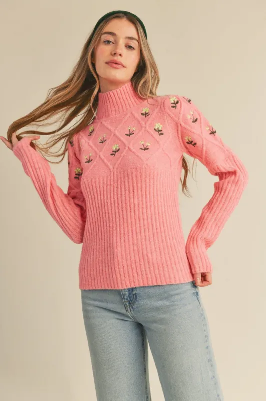Pink Floral Turtleneck Sweater With Floral Embroidery sold by Pinkblush