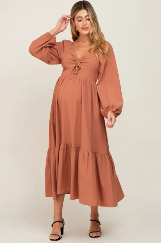 Camel Cinched Cutout Maternity Midi Dress sold by Pinkblush