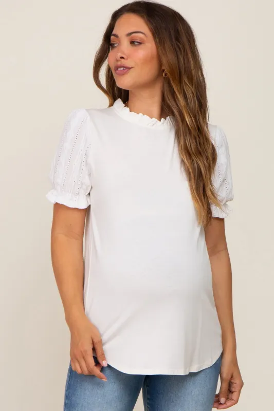 Ivory Contrast Crochet Sleeve Maternity Top sold by Pinkblush