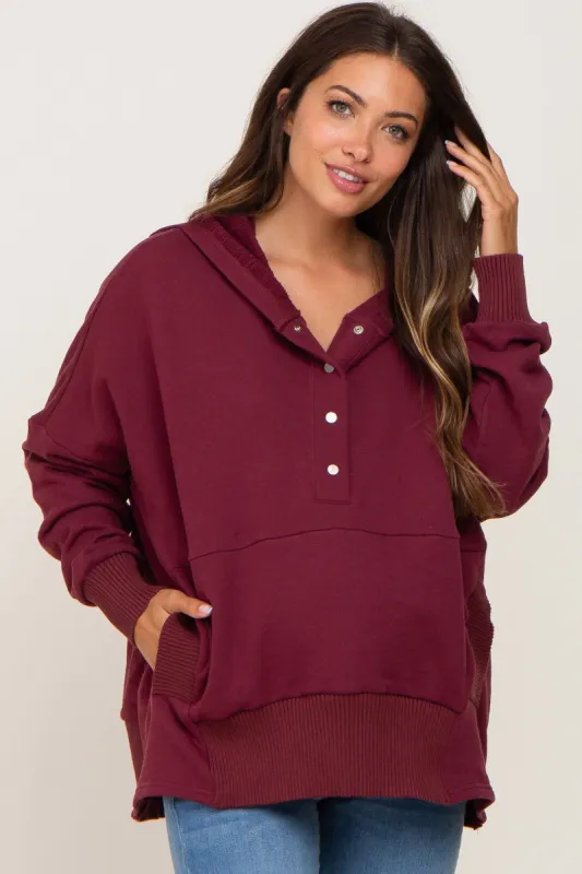 Burgundy Button Front Ribbed Trim Hooded Maternity Sweatshirt sold by Pinkblush