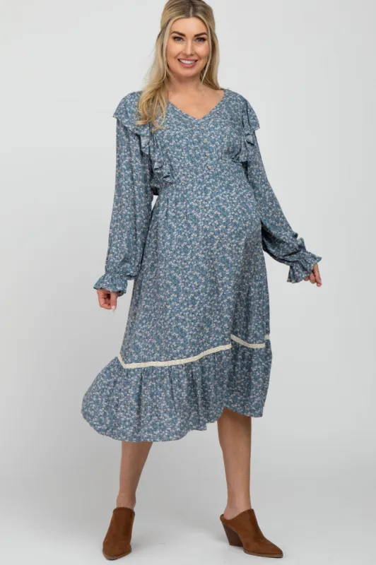 Blue Floral Ruffle Lace Accent Maternity Midi Dress sold by Pinkblush