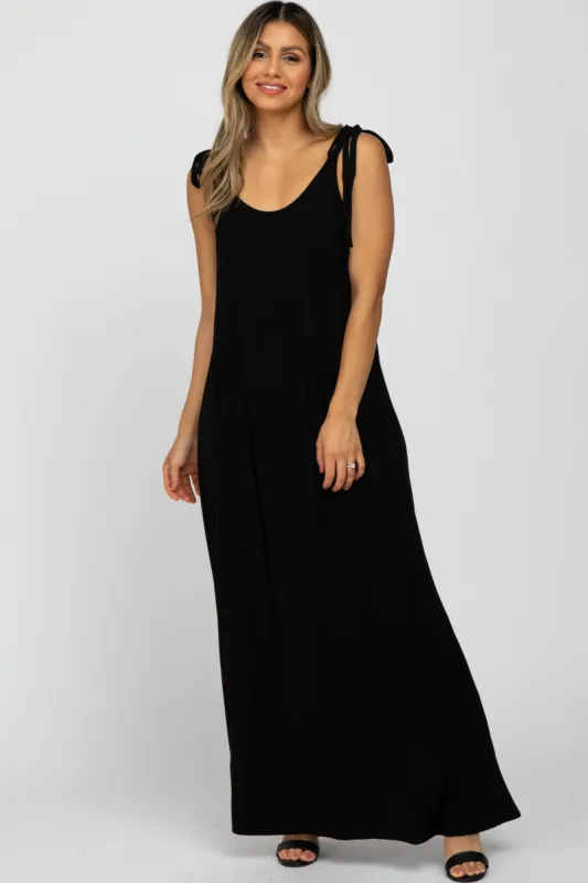 Black Tie Strap Side Slit Maxi Dress sold by Pinkblush
